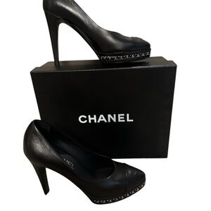 CHANEL Black Leather Heels with Chain Detail